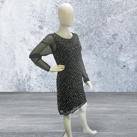 Aidan Mattox Long Sheer Sleeve Beaded Short Black Dress - Picture 3 of 7